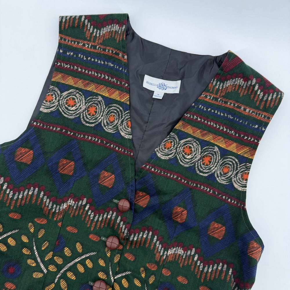 Rebecca‎ Thomas Vintage Women's Geometric Print Button Front Vest Green Medium